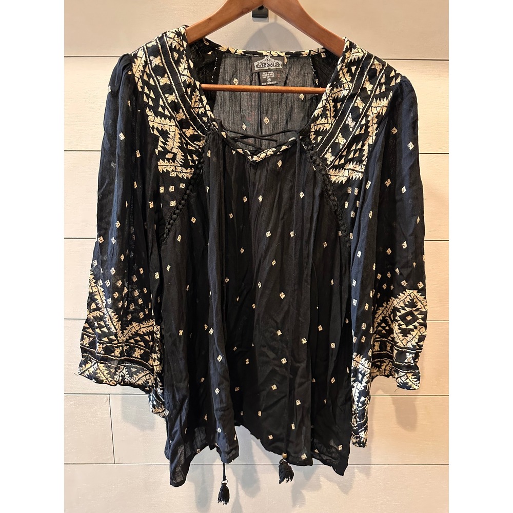 Angie Boho Peasant Blouse Black Cream Tribal Print Tassel Lace Up Top Medium